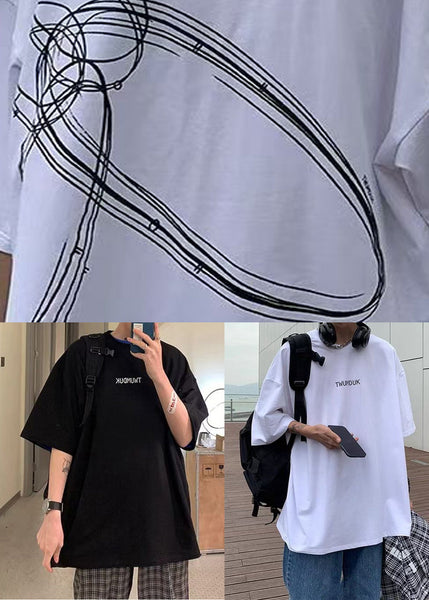 White Men Print Shirt T O-Neck Summer Cotton Cozy FashionChic