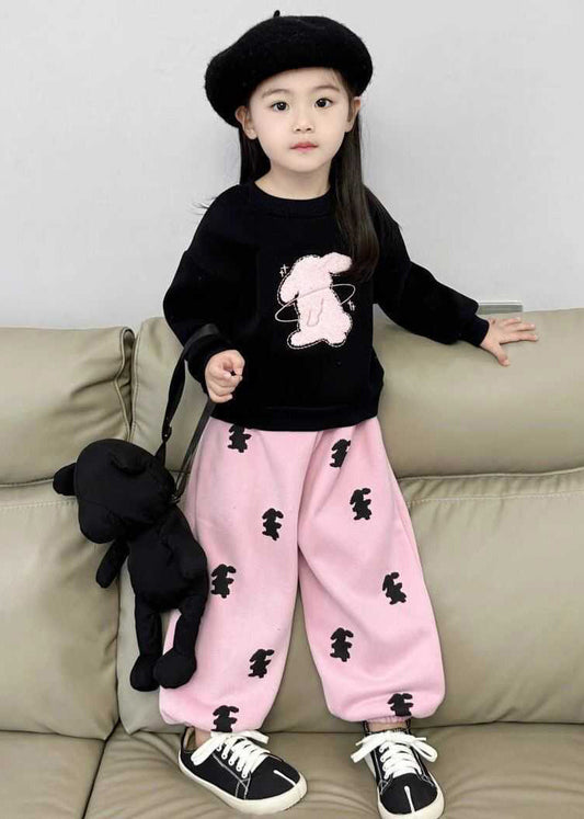 Cute Animal Print Girls Black Sweatshirt And Pink Beam Pants Two Pieces Set Spring TR003 ABC