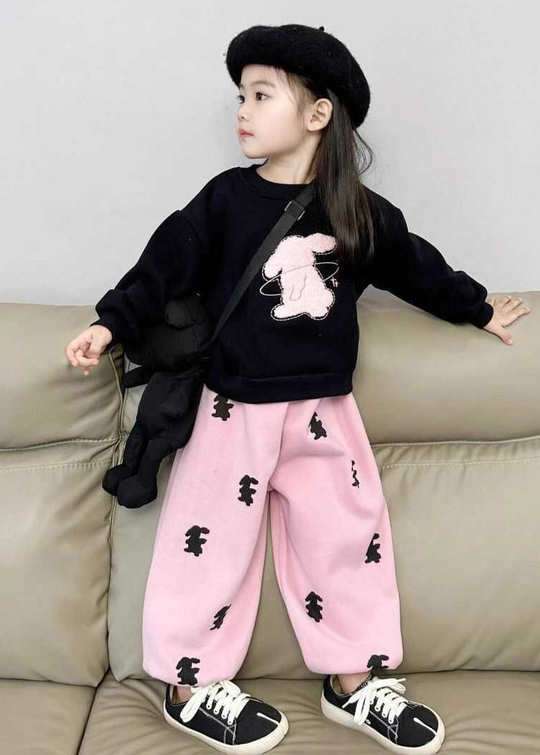 Cute Animal Print Girls Black Sweatshirt And Pink Beam Pants Two Pieces Set Spring TR003 ABC