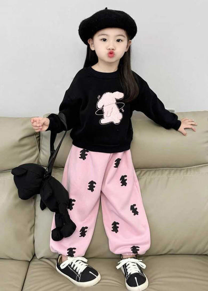 Cute Animal Print Girls Black Sweatshirt And Pink Beam Pants Two Pieces Set Spring TR003 ABC