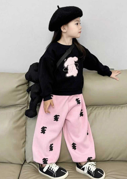 Cute Animal Print Girls Black Sweatshirt And Pink Beam Pants Two Pieces Set Spring TR003 ABC