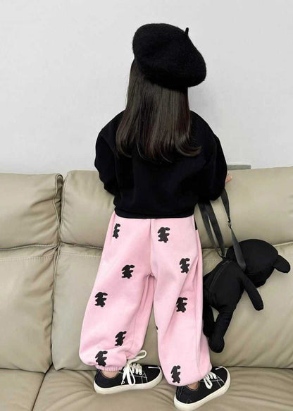 Cute Animal Print Girls Black Sweatshirt And Pink Beam Pants Two Pieces Set Spring TR003 ABC