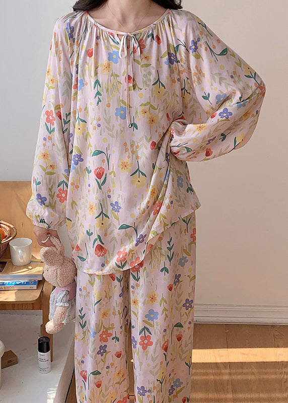 Cute Apricot O-Neck Print Silk Velvet Top And Pants Two Pieces Set Long Sleeve XS1005 Ada Fashion