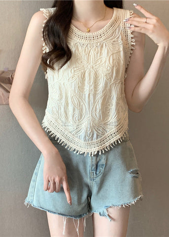 O-Neck Tassel Apricot Vest Lace Sleeveless Cute FashionChic