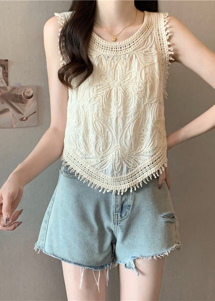 O-Neck Tassel Apricot Vest Lace Sleeveless Cute FashionChic