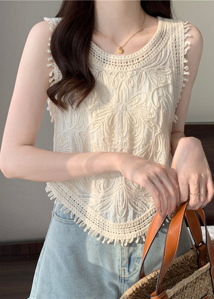 O-Neck Tassel Apricot Vest Lace Sleeveless Cute FashionChic