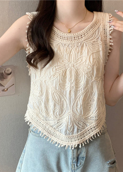 O-Neck Tassel Apricot Vest Lace Sleeveless Cute FashionChic
