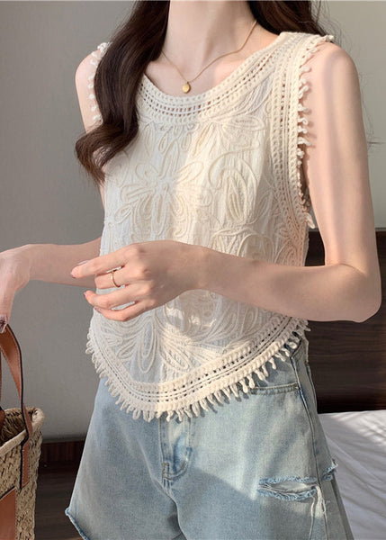 O-Neck Tassel Apricot Vest Lace Sleeveless Cute FashionChic