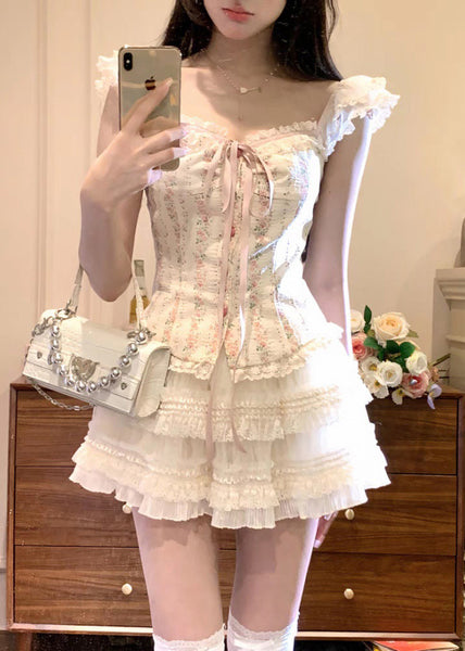 Cute Apricot Ruffled Lace Up Tulle Patchwork 2 Piece Summer EE1056 SH-LF-TPIEC240517