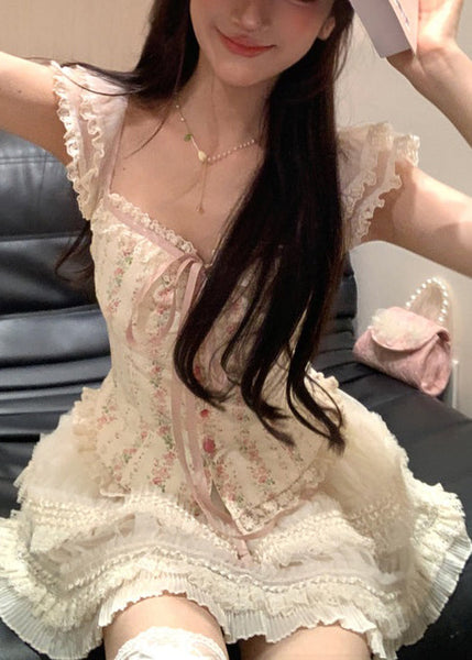 Cute Apricot Ruffled Lace Up Tulle Patchwork 2 Piece Summer EE1056 SH-LF-TPIEC240517