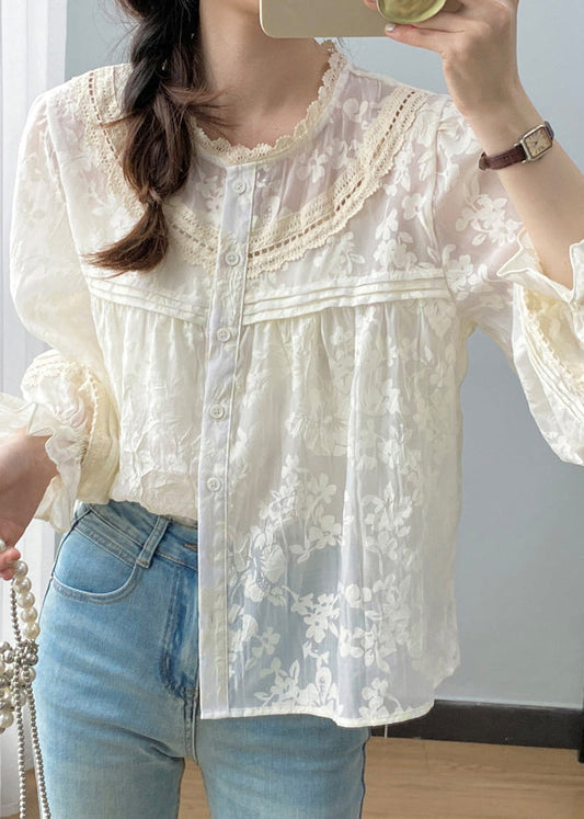 Cute Apricot Ruffled Patchwork Button Shirts Spring VB1085 Ada Fashion