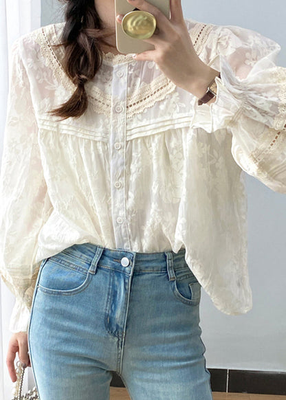 Cute Apricot Ruffled Patchwork Button Shirts Spring VB1085 Ada Fashion