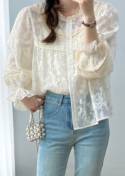 Cute Apricot Ruffled Patchwork Button Shirts Spring VB1085 Ada Fashion