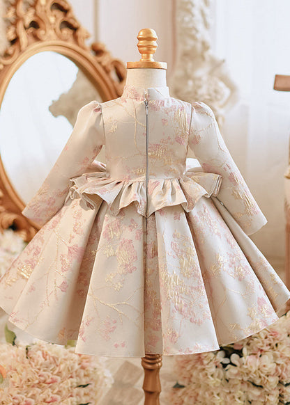 Cute Apricot Stand Collar Embroideried Ruffled Girls Maxi Dresses Spring YG005 ABC