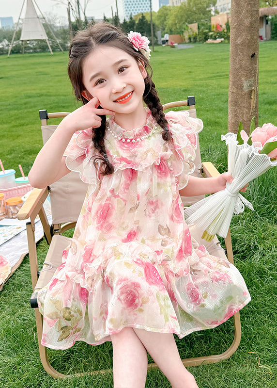 Cute Apricot Stand Collar Print Tulle Girls Mid Dress Summer XZ047 SDGM240618