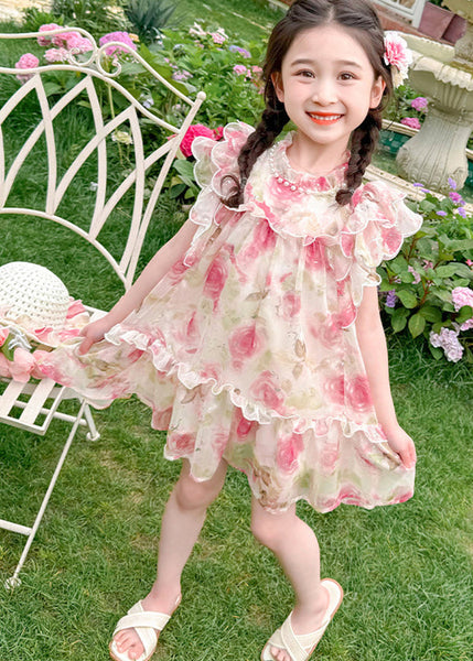 Cute Apricot Stand Collar Print Tulle Girls Mid Dress Summer XZ047 SDGM240618