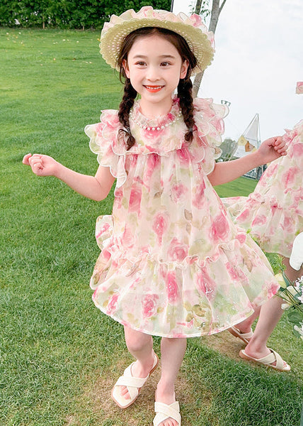 Cute Apricot Stand Collar Print Tulle Girls Mid Dress Summer XZ047 SDGM240618