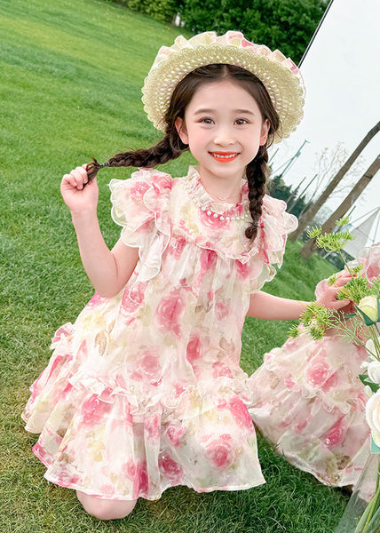 Cute Apricot Stand Collar Print Tulle Girls Mid Dress Summer XZ047 SDGM240618