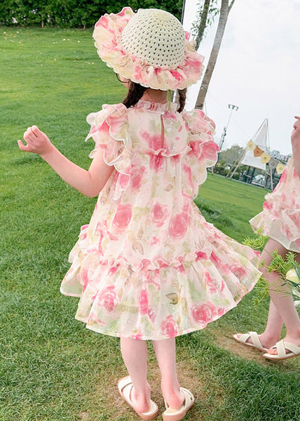 Cute Apricot Stand Collar Print Tulle Girls Mid Dress Summer XZ047 SDGM240618