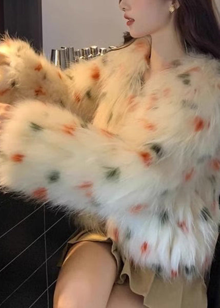 Cute Apricot V Neck Raccoon Hair Print Leather And Fur Coats Winter RD010 ABC