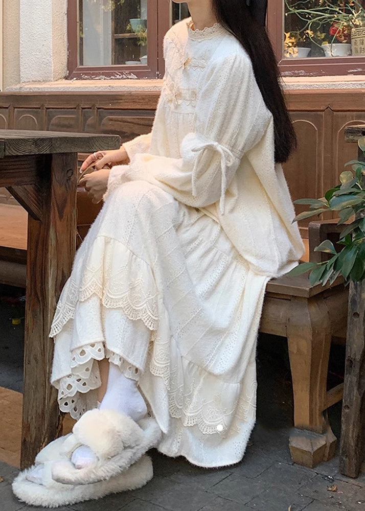 Cute Beige Lace Patchwork Tops And Skirts Cotton Two Pieces Set Spring YZ029 ABC