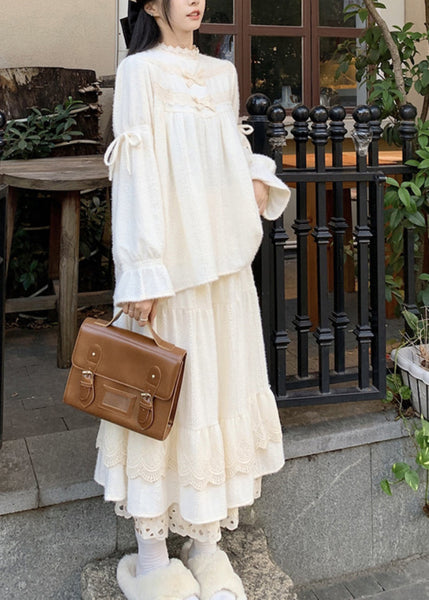 Cute Beige Lace Patchwork Tops And Skirts Cotton Two Pieces Set Spring YZ029 ABC