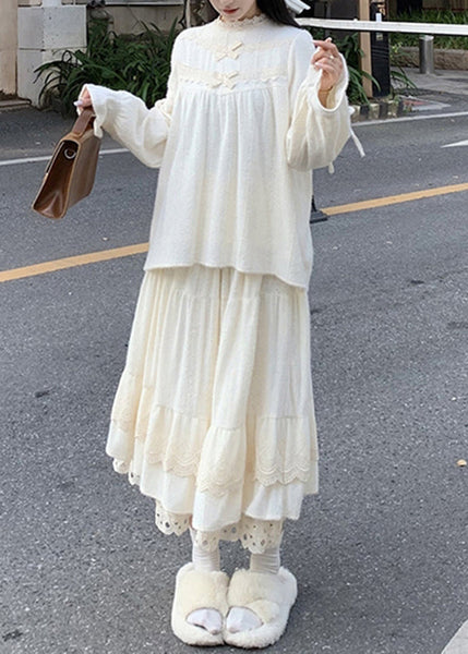 Cute Beige Lace Patchwork Tops And Skirts Cotton Two Pieces Set Spring YZ029 ABC