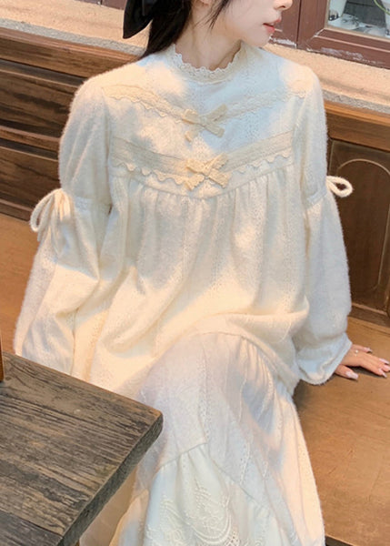 Cute Beige Lace Patchwork Tops And Skirts Cotton Two Pieces Set Spring YZ029 ABC