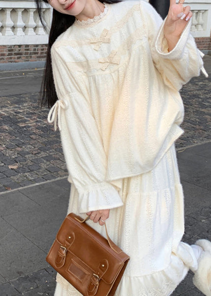 Cute Beige Lace Patchwork Tops And Skirts Cotton Two Pieces Set Spring YZ029 ABC