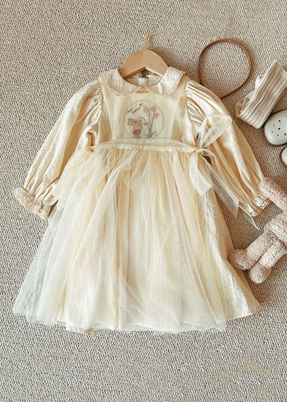 Cute Beige Lace Up Tulle Patchwork Girls Dresses Long Sleeve XZ061 FALL-MM-RCTZ-FDGL240618