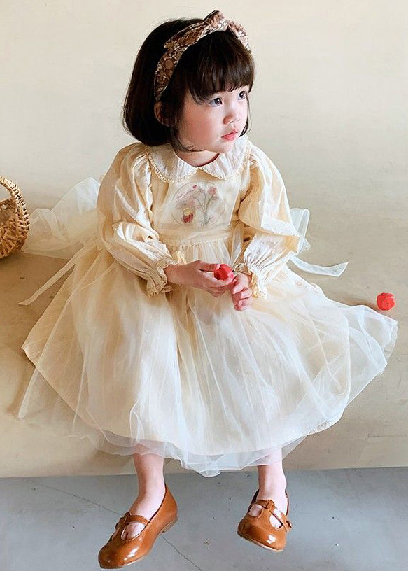 Cute Beige Lace Up Tulle Patchwork Girls Dresses Long Sleeve XZ061 FALL-MM-RCTZ-FDGL240618