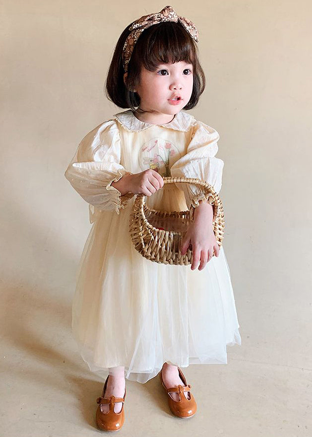 Cute Beige Lace Up Tulle Patchwork Girls Dresses Long Sleeve XZ061 FALL-MM-RCTZ-FDGL240618