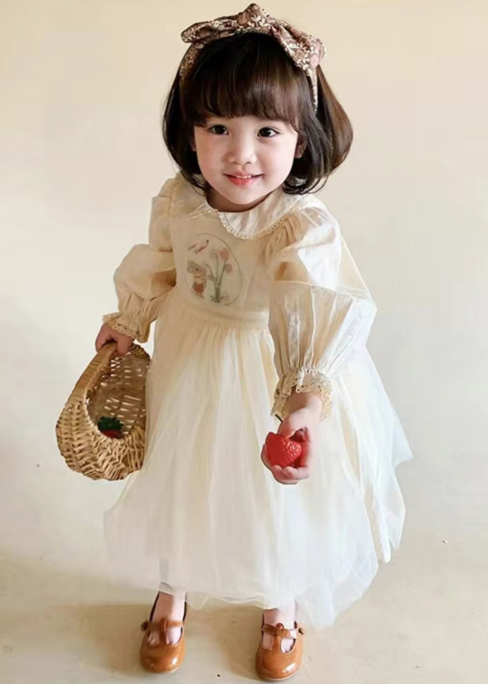 Cute Beige Lace Up Tulle Patchwork Girls Dresses Long Sleeve XZ061 FALL-MM-RCTZ-FDGL240618