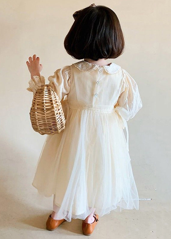 Cute Beige Lace Up Tulle Patchwork Girls Dresses Long Sleeve XZ061 FALL-MM-RCTZ-FDGL240618