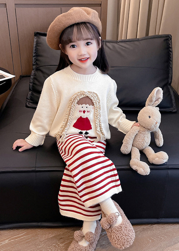 Cute Beige O-Neck Cotton Knit Girls Sweaters And Crop Pants Two Pieces Set Spring TR029 ABC