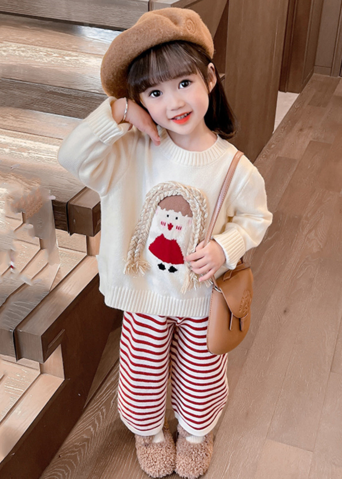 Cute Beige O-Neck Cotton Knit Girls Sweaters And Crop Pants Two Pieces Set Spring TR029 ABC