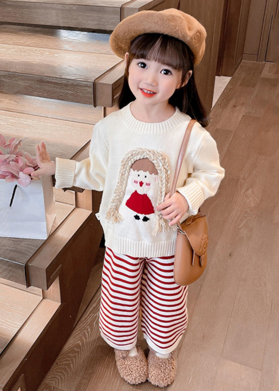 Cute Beige O-Neck Cotton Knit Girls Sweaters And Crop Pants Two Pieces Set Spring TR029 ABC