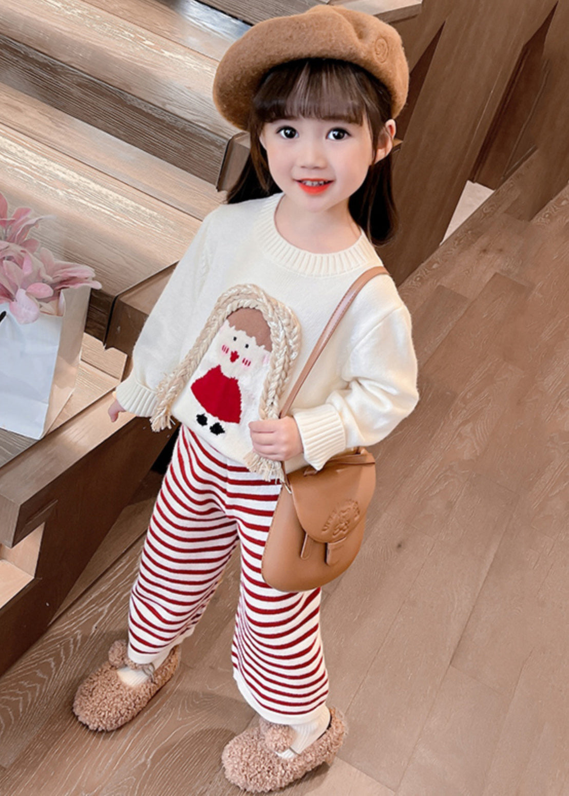 Cute Beige O-Neck Cotton Knit Girls Sweaters And Crop Pants Two Pieces Set Spring TR029 ABC