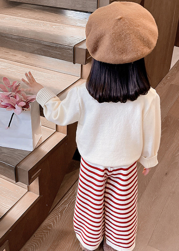 Cute Beige O-Neck Cotton Knit Girls Sweaters And Crop Pants Two Pieces Set Spring TR029 ABC