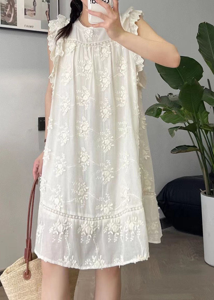 Cute Beige O-Neck Embroidered Floral Silk Cotton Mid Dress Summer BV024 MZF-SDM240702