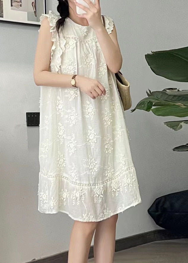 Cute Beige O-Neck Embroidered Floral Silk Cotton Mid Dress Summer BV024 MZF-SDM240702