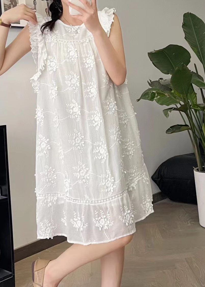 Cute Beige O-Neck Embroidered Floral Silk Cotton Mid Dress Summer BV024 MZF-SDM240702