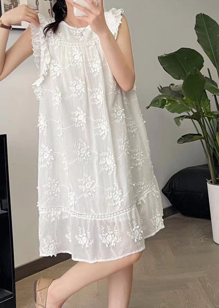 Cute Beige O-Neck Embroidered Floral Silk Cotton Mid Dress Summer BV024 MZF-SDM240702