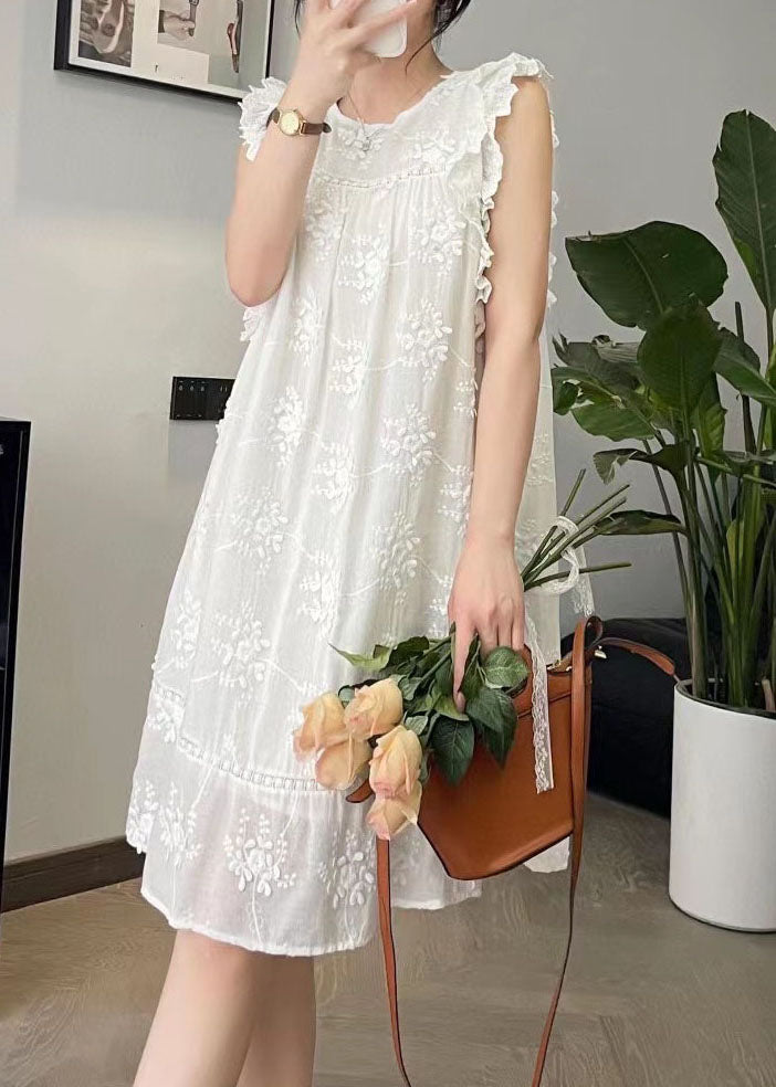 Cute Beige O-Neck Embroidered Floral Silk Cotton Mid Dress Summer BV024 MZF-SDM240702