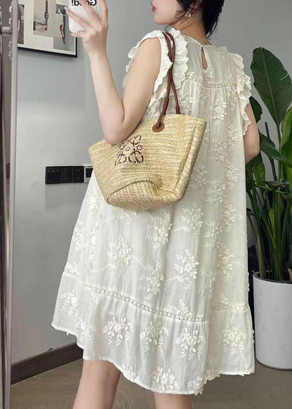 Cute Beige O-Neck Embroidered Floral Silk Cotton Mid Dress Summer BV024 MZF-SDM240702