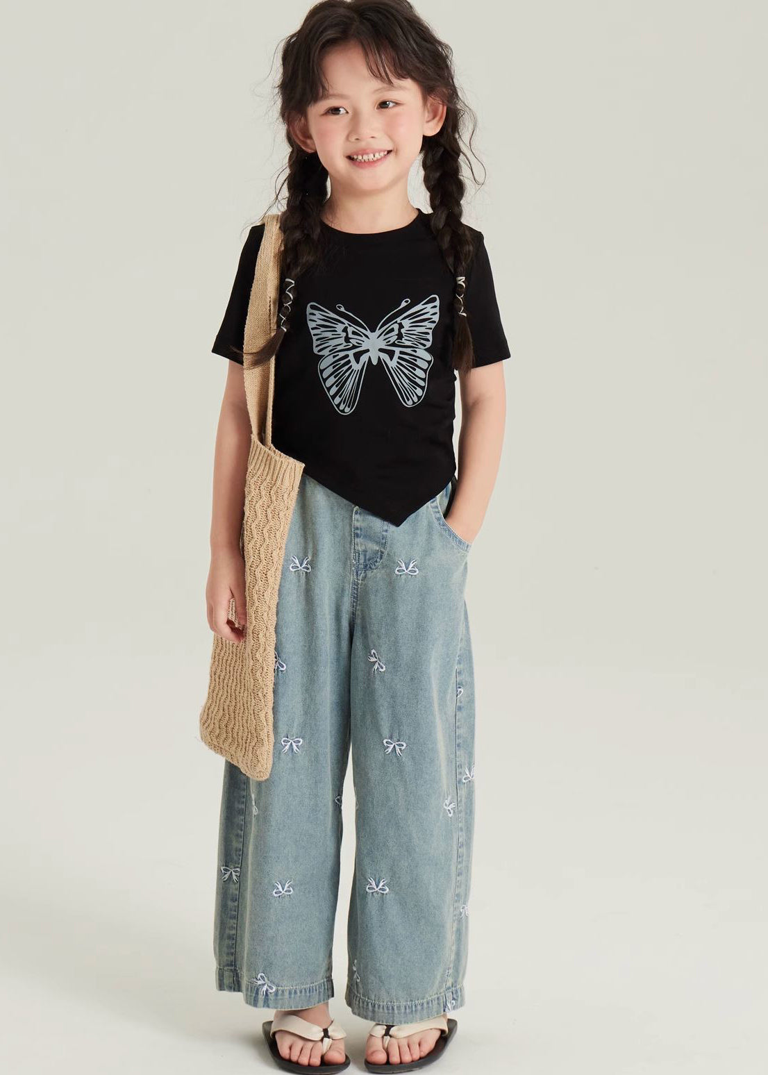 Cute Black Asymmetrical Butterfly Print Girls Top And Crop Pants Two Pieces Set Short Sleeve YU1061 WS-RCTZ-TPGIEC240529