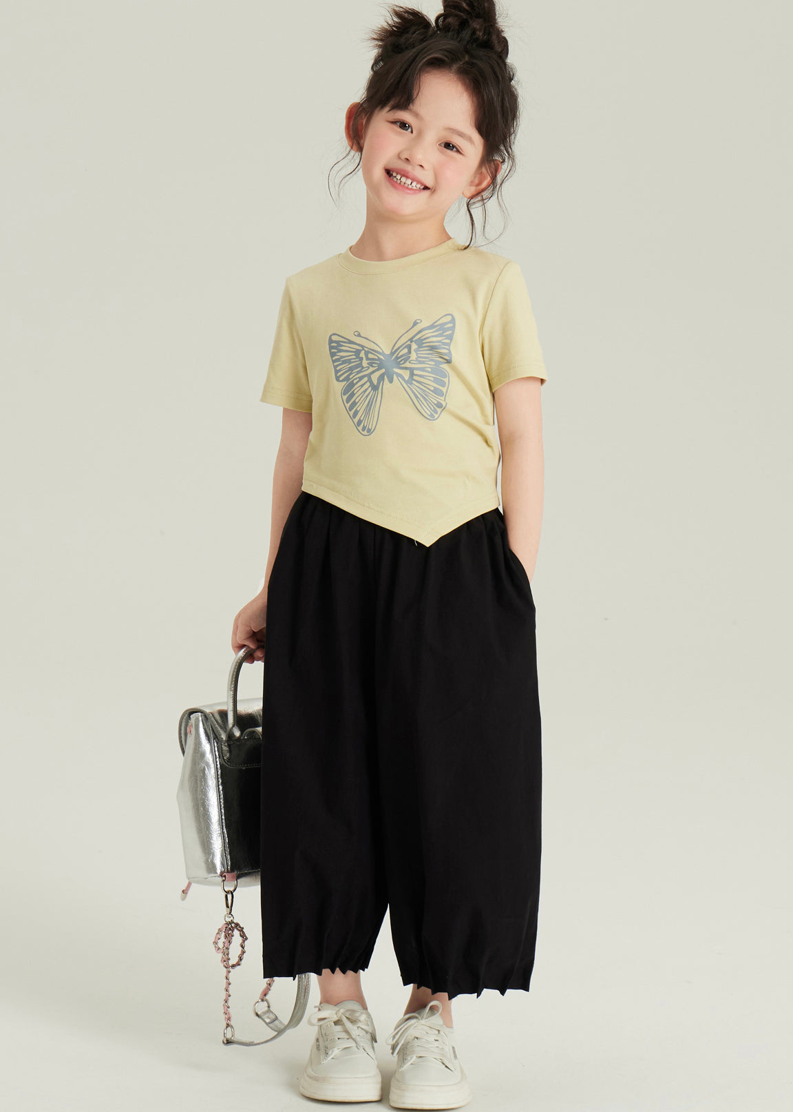 Cute Black Asymmetrical Butterfly Print Girls Top And Crop Pants Two Pieces Set Short Sleeve YU1061 WS-RCTZ-TPGIEC240529