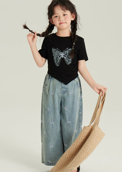 Cute Black Asymmetrical Butterfly Print Girls Top And Crop Pants Two Pieces Set Short Sleeve YU1061 WS-RCTZ-TPGIEC240529