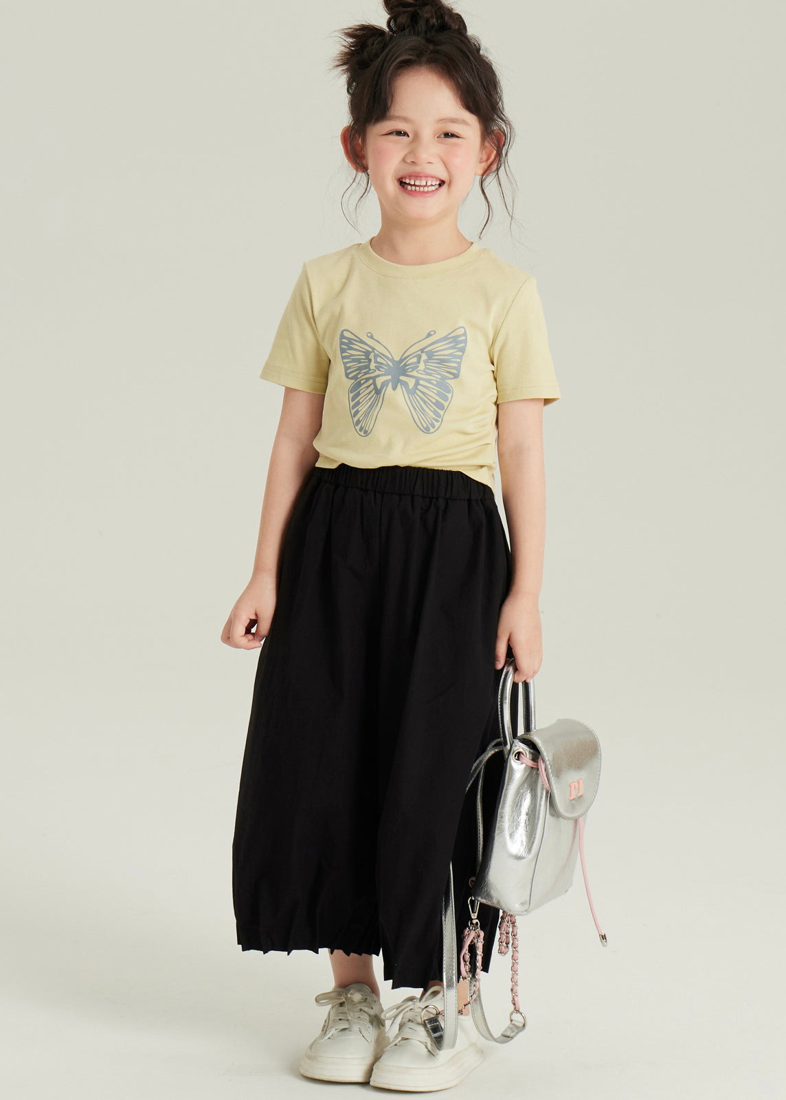 Cute Black Asymmetrical Butterfly Print Girls Top And Crop Pants Two Pieces Set Short Sleeve YU1061 WS-RCTZ-TPGIEC240529