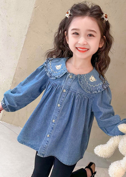 Cute Blue Peter Pan Button Collar Girls Shirt Long Sleeve YU1047 WS-RCTZ-LTP240529